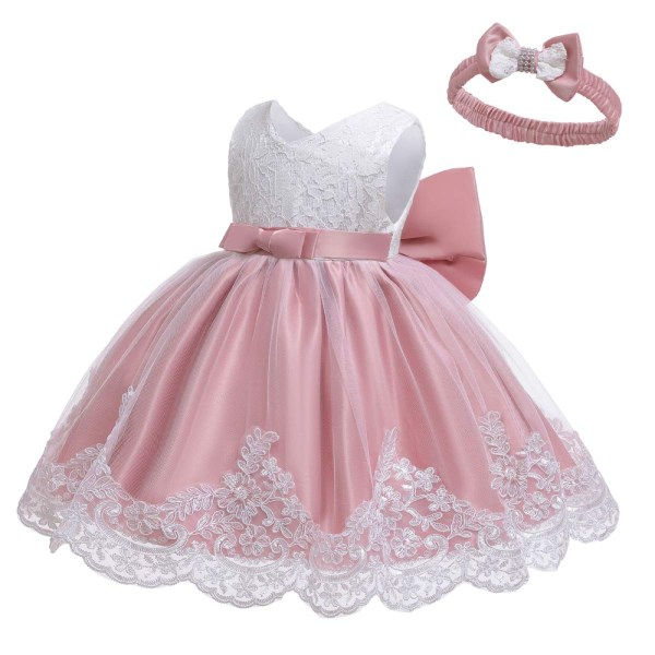 Baby Girl Spets Broderiklänning Rosett Festklänning Brudtärna Bröllopsklänning Med Tiara pink 110cm