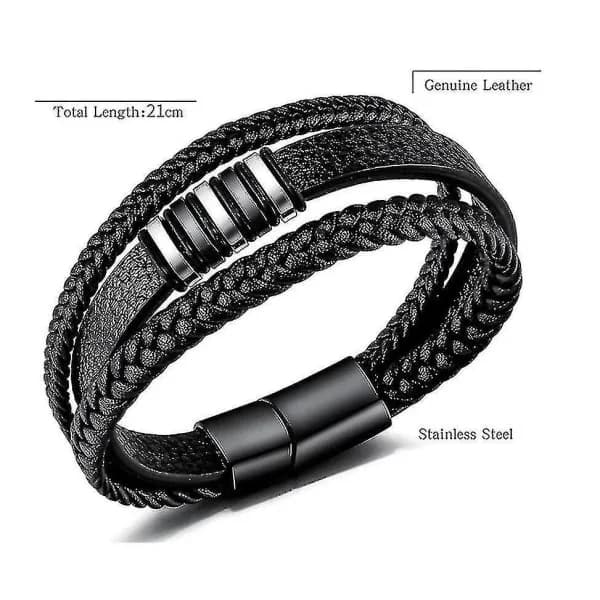 Sort læderarmbånd til mænd - Gave til mænd 23 cm