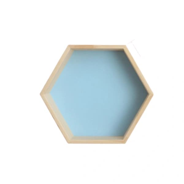 /EA/Vägghylla i massivt trä, displayhylla, hexagonal bikakeform (medium, blå)