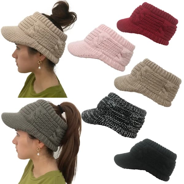 /EA/Beige Beanie Tail Vinter Varma Stickad Messy Hög Bun Hästsvans Mössor