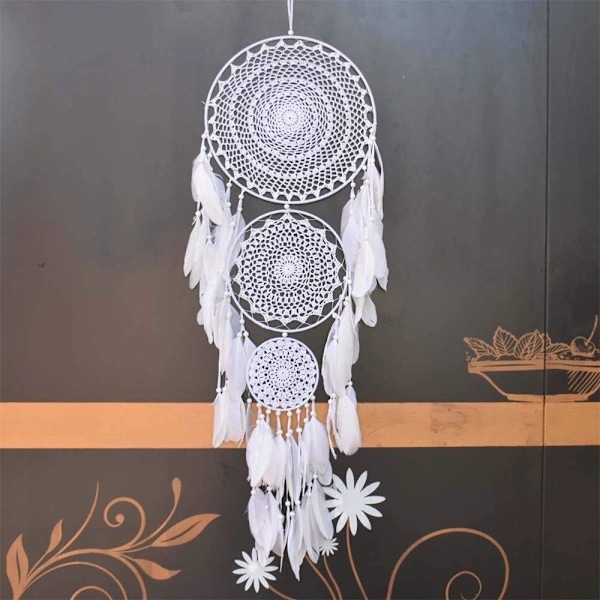 /EA/Stor Drømmefanger med 3 Ringe, Hvide Fjer Macramé S