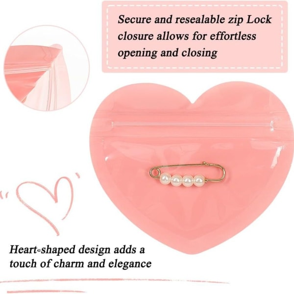 100 stk Hjerteformet smykkeveske Valentinsdag Rosa glidelåspose Bryllupsgodteripose 8,5*10 cm