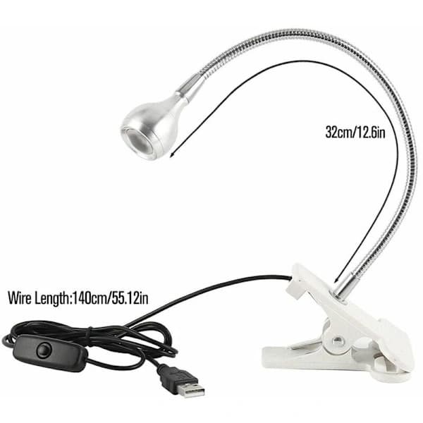/EA/Fleksibel LED Bordlampe Skrivebordsstativ USB Klemme Seng Studie Lesebok Strømpære Sølv