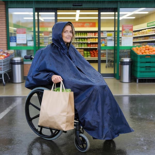 Vanntett regnponcho for rullestol med refleksstriper, overdimensjonert hette og festeløkker for eldre og funksjonshemmede, blå