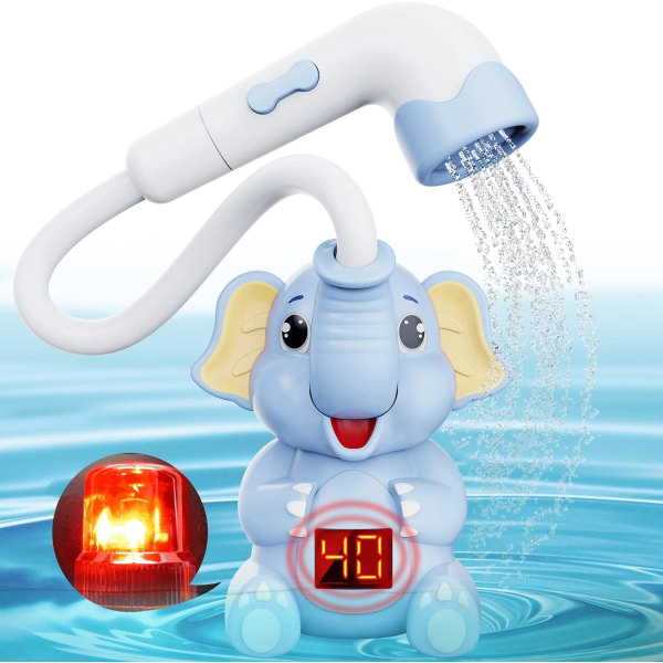 Badeleke, elefantformet badeleke, dusjhode med termometer, badeleke baby fra 6 måneder, elektronisk dusjfunksjon, W rosa