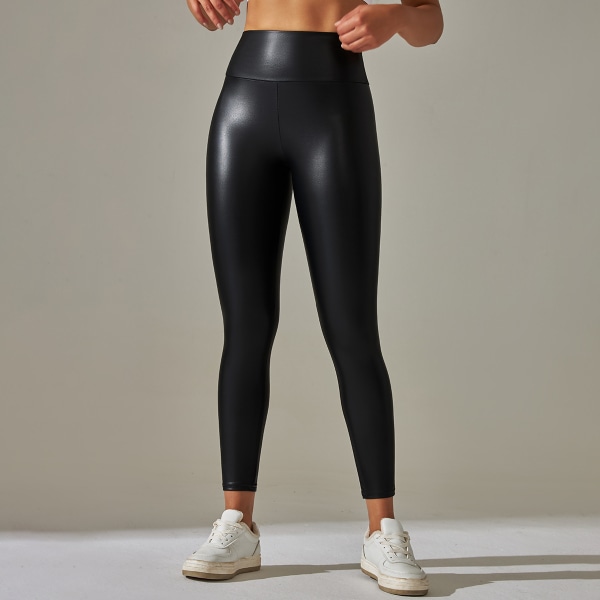 Stretch PU läderbyxor dam svart hög midja snäva skinkor Bär yoga leggings black S