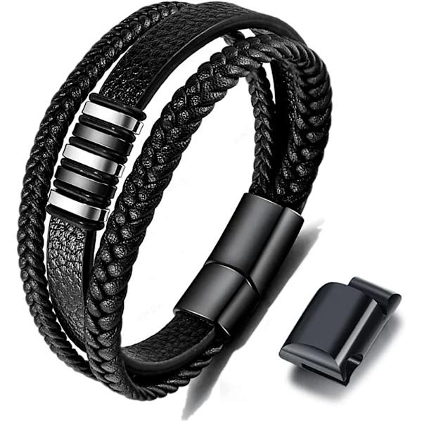 /EA/Sort læderarmbånd til mænd - Gave til mænd 23cm