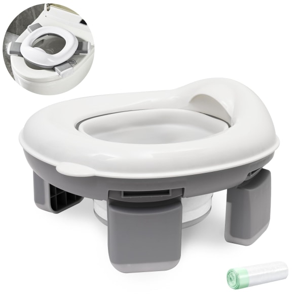 Hopfällbar bärbar potta för barn med 20 påsar ingår - Urinaler för barn Lätt att bära - Bekväm och säker toalettadapter Grey