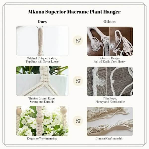 Makrame Växthängare Set Flätat Bomullsrep med Pärlor och Spets för Inomhus Utomhus Heminredning Vit 3-pack white 3PCS