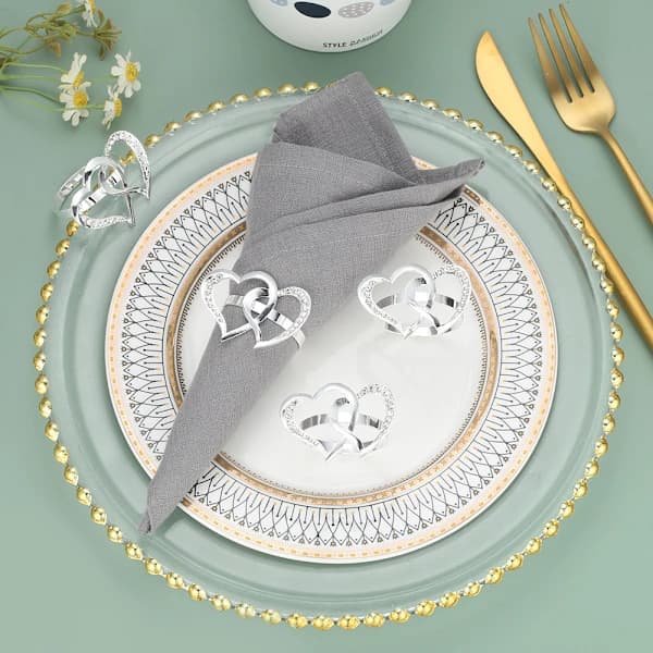 /EA/(Silverhjärta) Set med 6 dubbla hjärtformade servettringar med strass - Perfekt för bröllop,