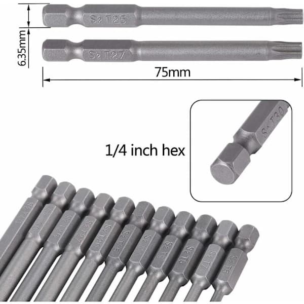 /EA/ Sett med 11 Torx-skrutrekkerbits - 75 mm - S2-stål - Magnetisk
