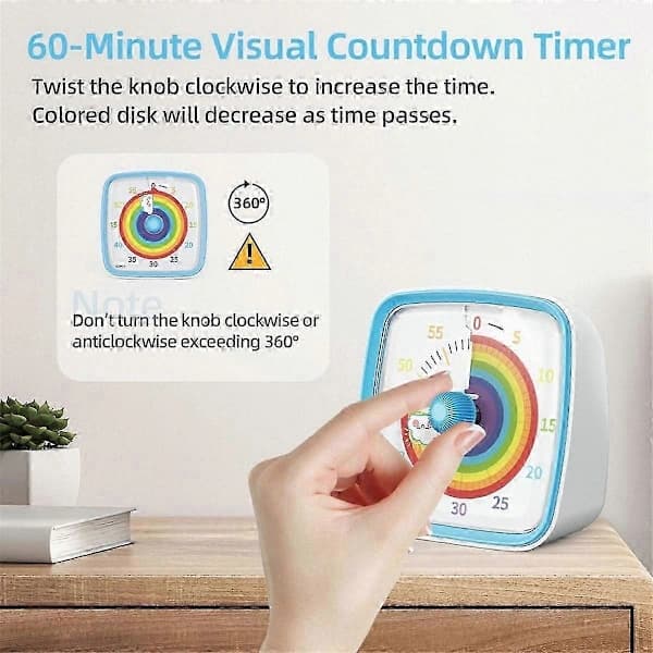 60-minutters visuell timer med nattlys, Pomodoro nedtellingstimer, regnbuemønster for barn