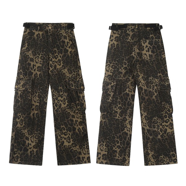 Tan Leopard Jeans Dame Dongeribukser Dame Oversize Wide Leg Bukser L