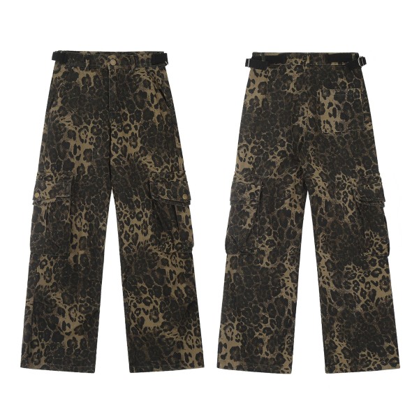 Tan Leopard Jeans Naisten Farkkuhousut Naisten leveät leveät housut L