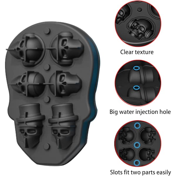 /EA/(1 * 6 Dødninghodekuber Svart) 3D Dødninghode Isbitform med lokk, Silikon