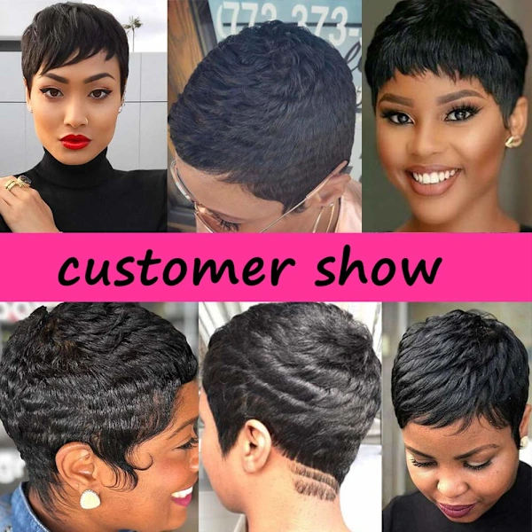 /EA/Korta människohårs Pixie-peruker Pixie Cut Kort vågigt svart hår peruker