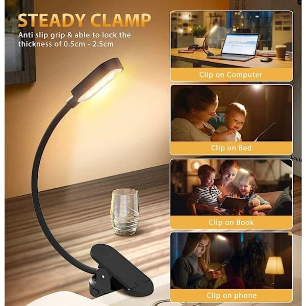 /EA/Sort USB genopladelig mini læselampe til seng, bog, mini natlampe og sengelampe, til læsning, belysning