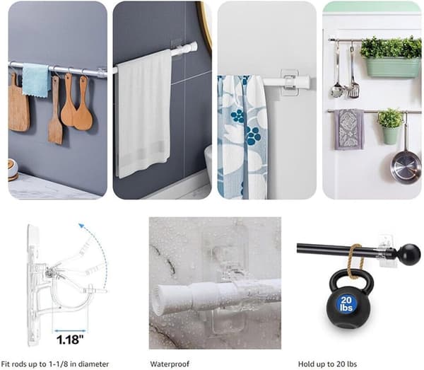 Gardinstångsfästen utan borrning, självhäftande plasthållare för badrum, sovrum, vardagsrum, 4-pack klar