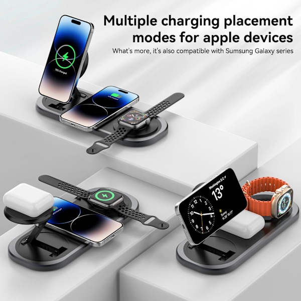 3 i 1 Trådlös Laddare för iPhone, Magnetisk Vikbar Laddstation för Magsafe för iPhone 15/14/13/12/Pro Max/Pro/Mini/Plus, Apple Watch 9/8/7/SE/ US plug