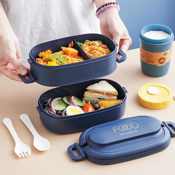 /EA/ 2-lagers Lunchbox: 1550ml Matlåda med 3 fack och bestick
