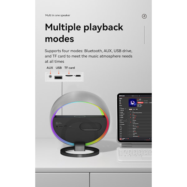 Trådlös laddning Bluetooth-högtalare, stor G-atmosfärslampa, mobiltelefon, trådlös laddningsklocka, multifunktionellt ljudsystem white