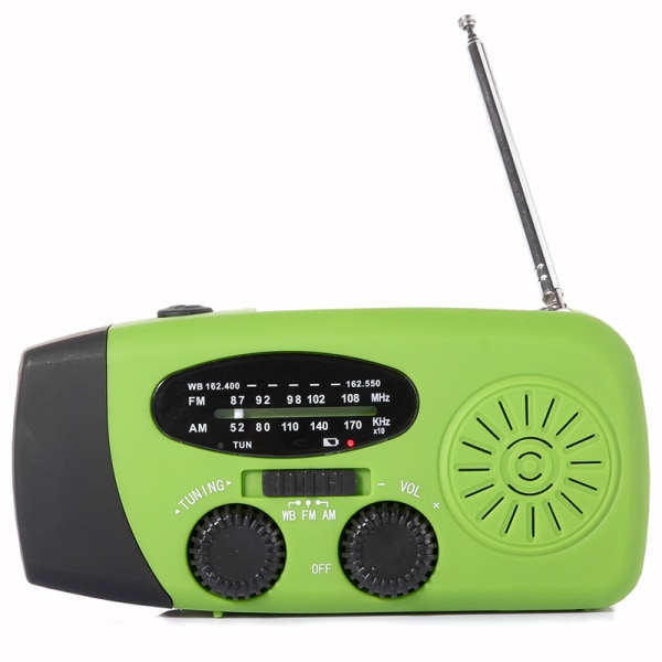 Vevradio med Mobilladdare Solpaneler Ficklampa Powerbank SOS green EU