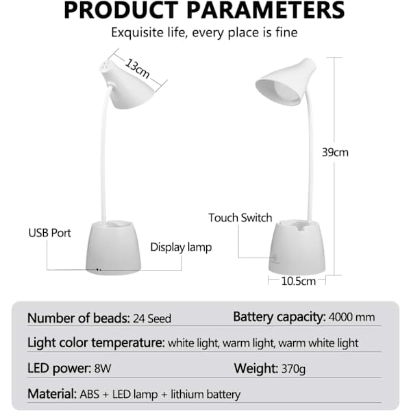 /EA/Skrivebordslampe, LED-bordlampe 3 lysmoduser og berøringssensor, dimbar
