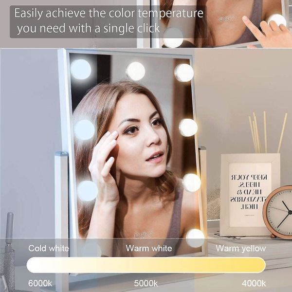 Spejl med lys stort oplyst makeup spejl forfængelighed makeup spejl smart touch kontrol 3 farver dæmpbart lys aftageligt