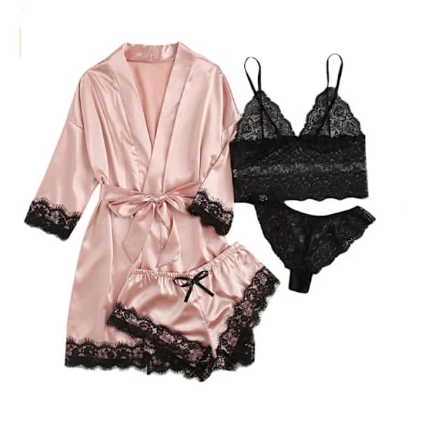/EA/Dam 4-pack blommigt spets kamouflage satin pyjamas underklädesset M