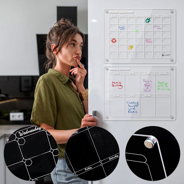 Magnetisk avtorkningsbar kalender 2-pack 40 x 30 cm, veckoplanerare månadsplanerare akryl transparent magnetisk whiteboard tidsschema kan torkas av för kylskåp 400*300 vecko- och månadskombination