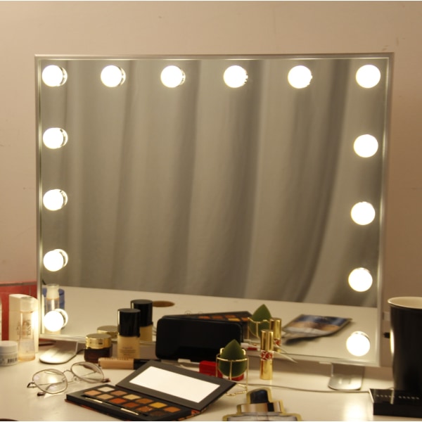Stort Hollywood make-up spejl med lys USB Bordplade Vægbeslag Tre-farvet lys vægmonteret model 50x40 cm