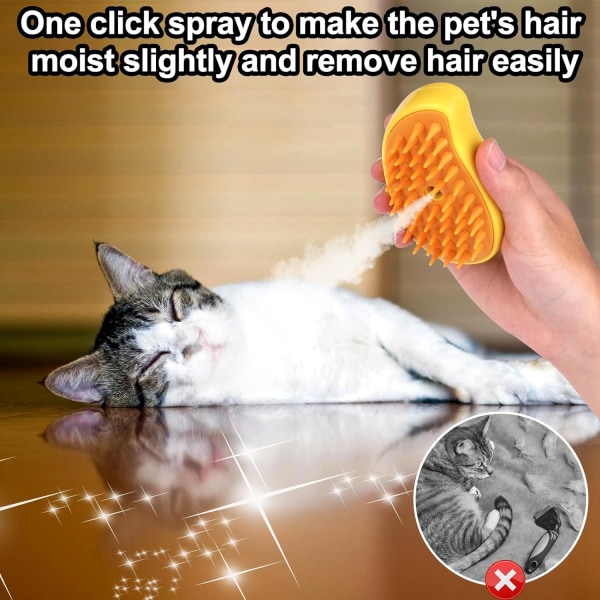 Kattångborste, tre-i-ett ångborste för katthårborttagning, ångborste för kattmassage, hårborttagningskam för katter och hundar Gul