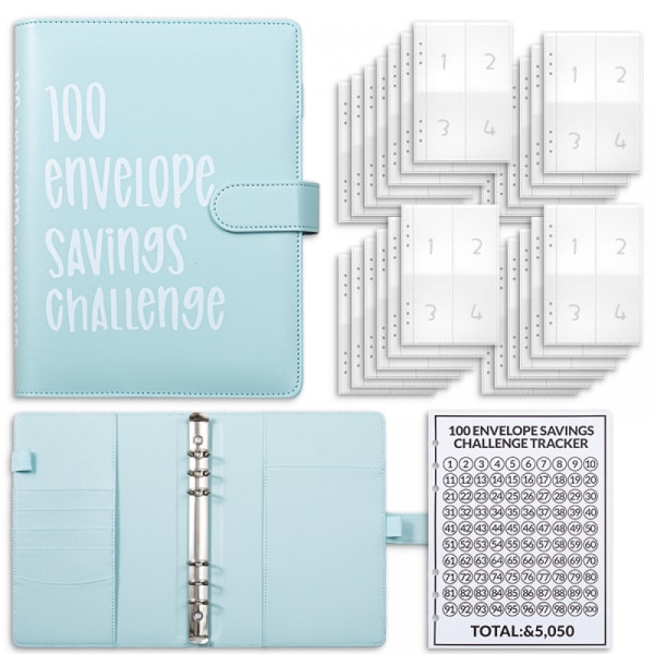 100 Konvolut Savings Challenge Binder, Sjov måde at spare $5.050, SavingsChallenges blå