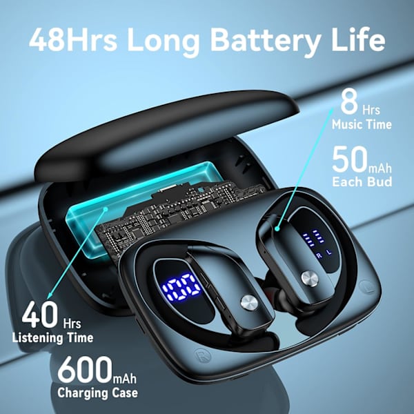 Trådlösa hörlurar Bluetooth Hörlurar 48 timmars speltid Sporthörlurar med LED-display Over-Ear Buds med öronkrokar Inbyggd mikrofon Headset för träning Lila