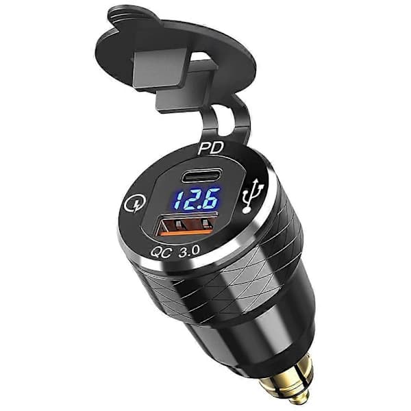 PD 3.0 Type C USB Hurtigoplader DIN til USB og 18W QC 3.0 Strømudtag med Voltmeter til 12V-24V Mo