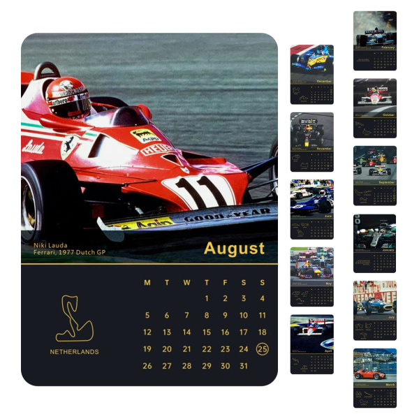 F1 Skrivbordskalender 2024 | Formel-1 tävlingsschema Skrivbordskalender med racerbilsbilder | Ny Cool Racing-kalendermånad att se Planner F 1 set