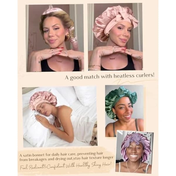 /EA/36cm Satin Bonnet Silke Bonnet til Søvn Dobbeltlag Satinforet Hårscarf med Bindebånd til Kvinder Krøllet Hår
