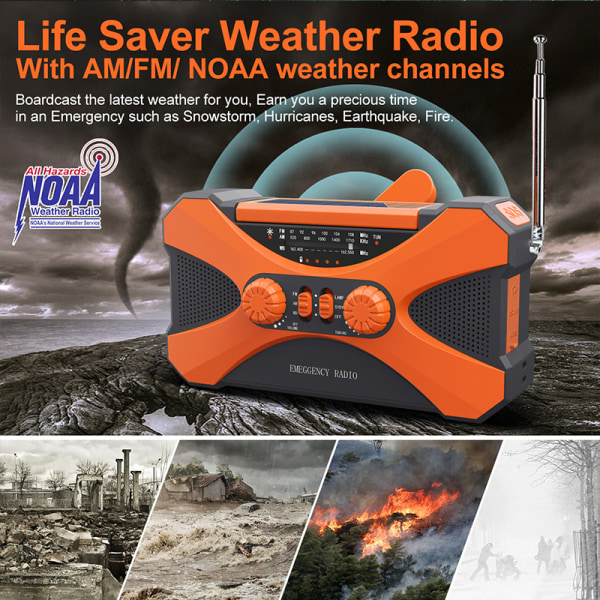 10000mAh Handvev Nödradio - Solcellshandvevsradio Campingprylar Överlevnadsutrustning orange
