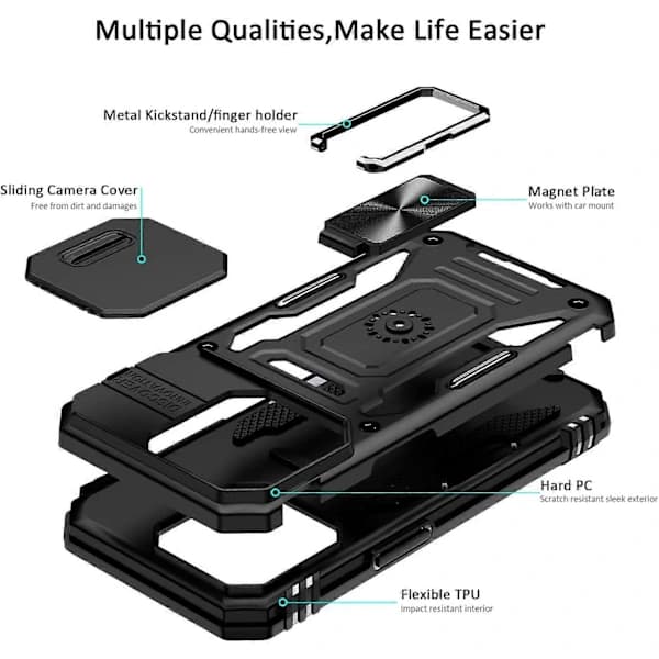 /EA/iPhone 13 Pro Skal med Skjutbart Kameraskydd, Falltestat, Militärklass, Robust, Hållbart, Svängbart Ringstativ, Telefonfodral (Svart)
