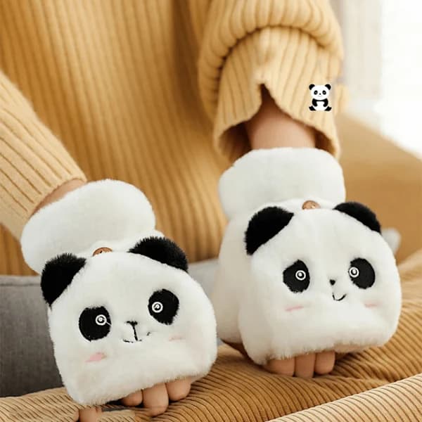 Panda-tema Plys Vinterhandsker - Konvertible Strikkede Flip Top, Spandex og Polyester Sort 2