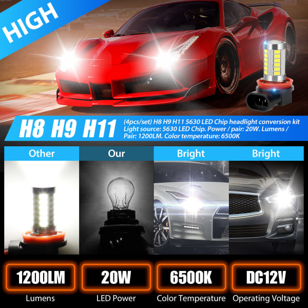 4x H8 H9 H11 LED-strålkastare Glödlampa Kit High/Llow Beam Super Bright 6500K Xenon White