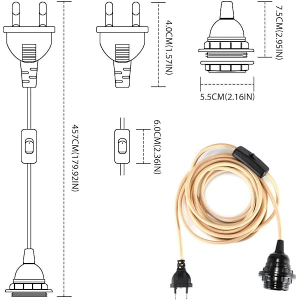 /EA/ Stoffkledd elektrisk kabel 2 kjerner 2,5 meter kabel Lin E27-uttak