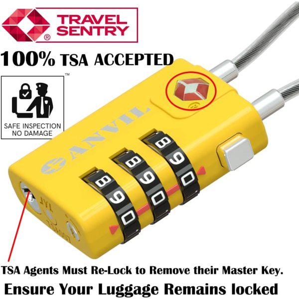 TSA-godkendte kabelbagagelåse 3-cifret kombinationshængelås med kabellås af zinklegeret stål Ideel til rejsekuffert, rygsæk, skabe, C gul