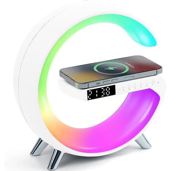 4-i-1 vit trådlös laddare nattlampa | Bluetooth högtalare väckarklocka | 15W snabbladdning för iPhone Samsung Qi-telefoner white