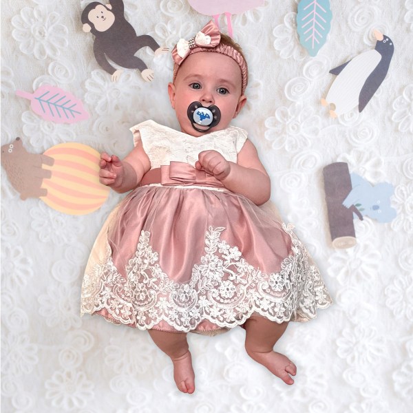 Baby Girl Spets Broderiklänning Rosett Festklänning Brudtärna Bröllopsklänning Med Tiara light pink 90cm