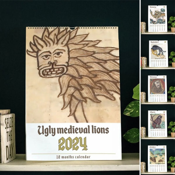 Ugly Medieval Lions Weird Medieval Lion Calendar 2024,Veggkalender nyttårsgave 1 st