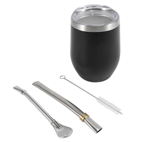 /EA/Yerba Mate Gourd Tekopp Set 35cl, Rostfri Kaffe Vattenkopp, Svart