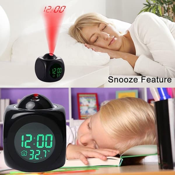 Digital projektionsvækkeur med LED-display, lys- og stemmeudsendelse, snooze-funktion til soveværelset, sort