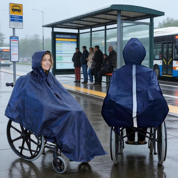 Vanntett regnponcho for rullestol med refleksstriper, overdimensjonert hette og festeløkker for eldre og funksjonshemmede, blå