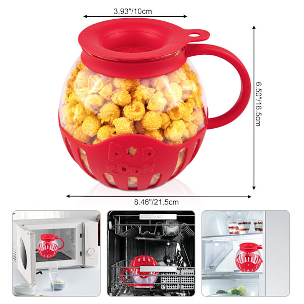 Popcornpoppare i Glas för Mikrovågsugn, 2,25 Quart Original Popcornburk med Silikonlock, BPA-fri, Tål Maskindisk red
